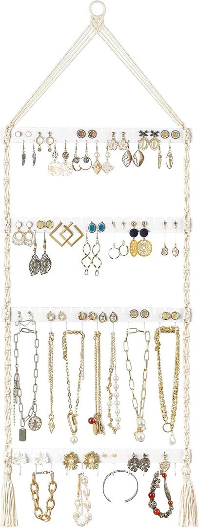 Mkono Hanging Jewelry Organizer Macrame Necklace Holder Wall Mounted Jewelry Hanger Earring Holder Organizer Boho Decor Over Door Jewelry Display Necklace Rack for Necklaces Bracelets Earrings