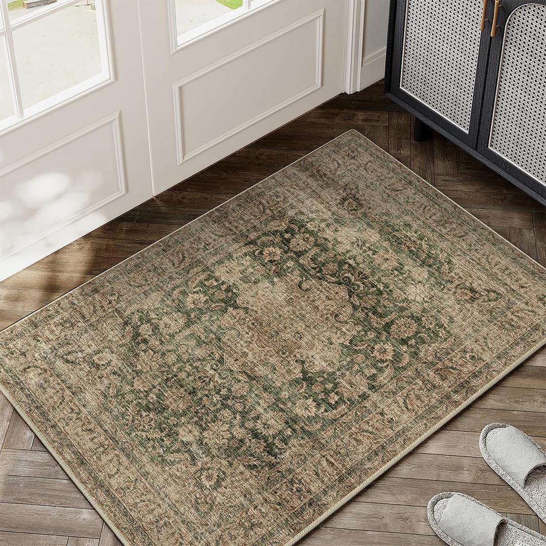 2x3 Washable Area Rug Green Brown Vintage Non Slip Soft Low Pile Small Rug for Entryway Kitchen Bathroom Distressed Oriental Throw Carpet for Living Room Bedroom Home Decor