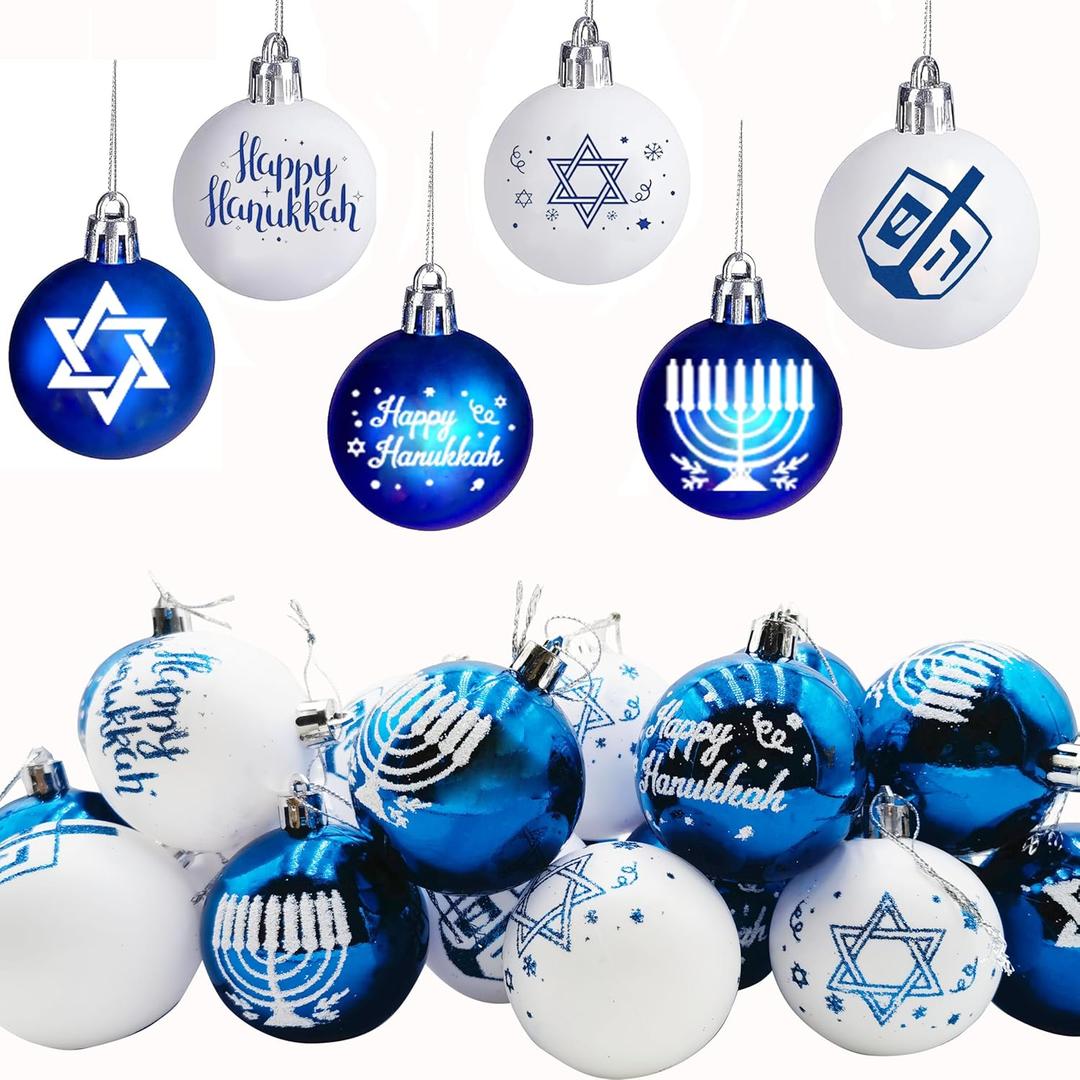 24 Pcs Happy Hanukkah Glitter Ball Ornaments for Tree,6 Styles Chanukah Hanging Ornaments Star of David Hanukkah Ornament Balls Sliver Blue Jewish Ornaments for Xmas Tree Decoration