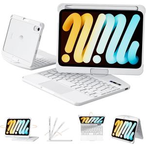 Transparent Case with Keyboard for iPad mini 7 A17 Pro(2024) & Mini 6 (2021) 8.3 inch,7-Color Backlit,Wireless Keyboard, 360Rotating,with trackpad,Pencil Holder,with Shortcuts,White