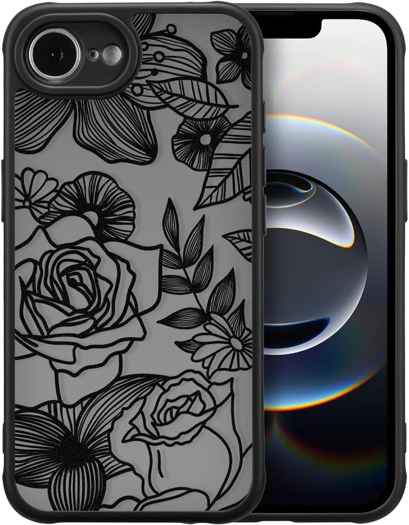 XIZYO for iPhone 17e/iPhone 16e Case, Floral Rose Cute Phone Case for Women Girls Aesthetic Pattern Print Slim TPU Bumper Shockproof Protective Cover for iPhone 17e/iPhone 16e 6.1 Inch, Black
