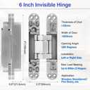 2Pcs 6 inch Hidden Door Hinges -Invisible Hinges for Doors, 180 Degree Swing Concealed Hinges, 3 Way Adjustable & Heavy Duty (‎Silver)