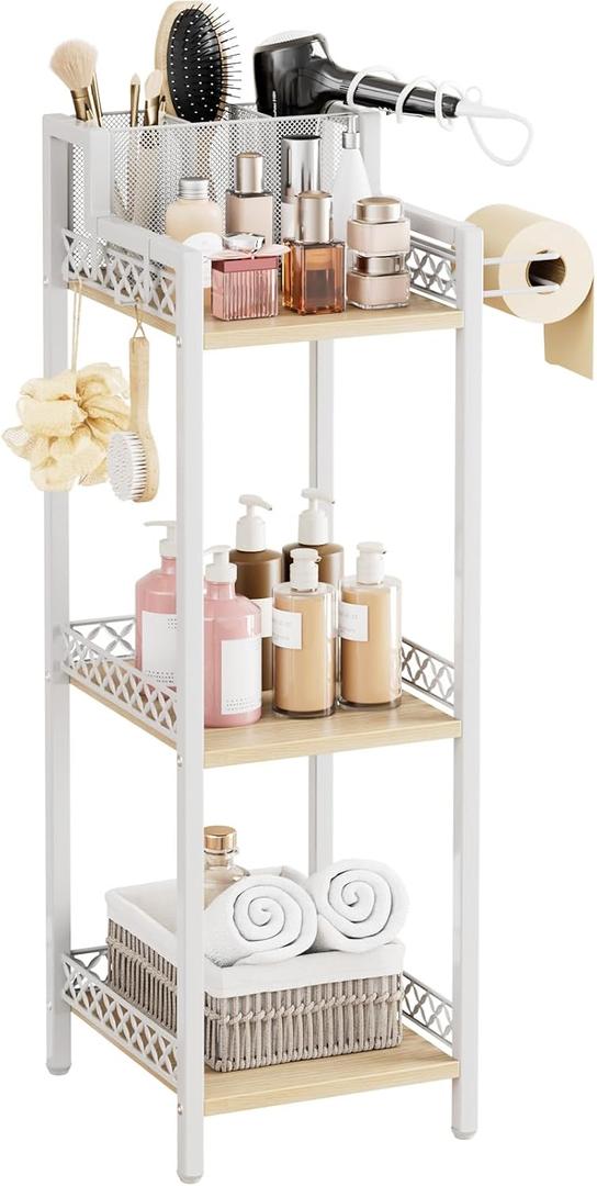 Slim Bathroom Storage Shelf Unit, 3 Tier Corner Storage, Rustic Makeup Organizer, Space-Saving Floor Standing Storage Shelves for Bathroom, Vanity,Kitchen, Laundry 9.85in Matte White, 9.85 x 11.42 x 32.68 inches