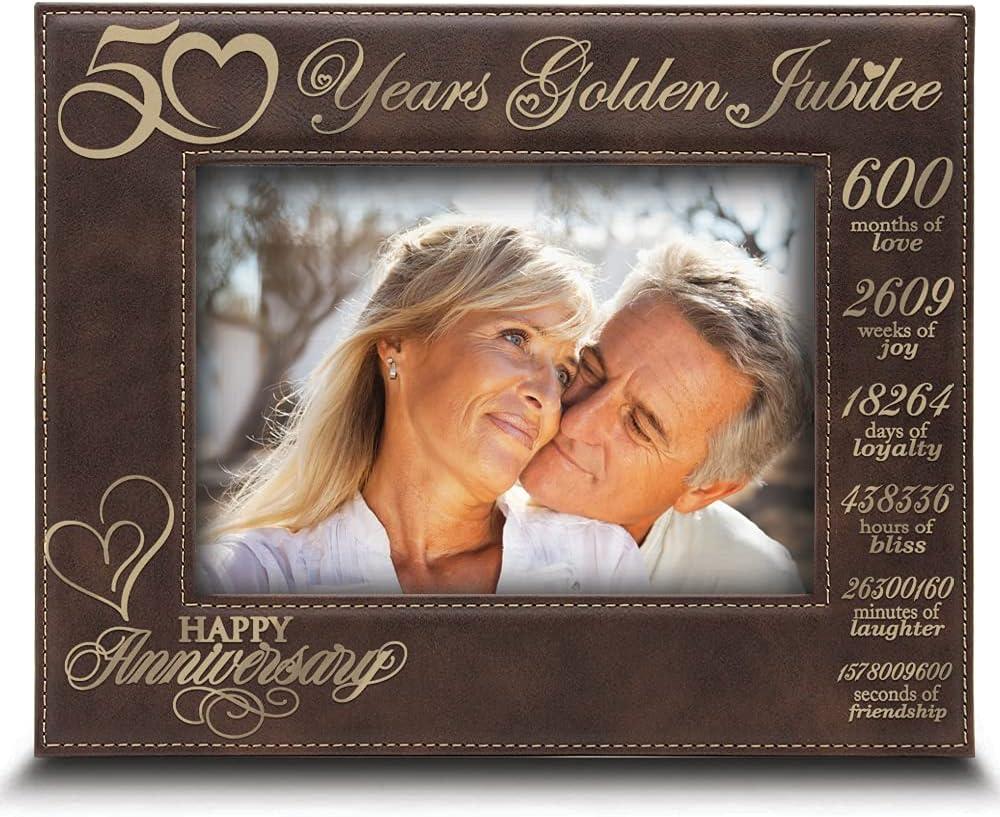 BELLA BUSTA-50 Years Golden Jubilee-50th Anniversary Couple, Husband, Wife - Engraved Leather Picture Frame (5x7 Horizontal)