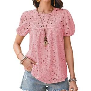 Falechay Womens Summer Tops Crewneck Short Sleeve T-Shirts Casual Babydoll Chiffon Blouses Eyelet Flowy Lace Hem Boho (Pink, M)