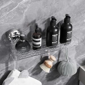 Suction Cup Shower Caddy, Corrugated Suction Cup Storage Holder, No Drilling Bathroom Organizer with 4 Removable Hooks, Shower Shelves for Inside, Clear (Clean)
