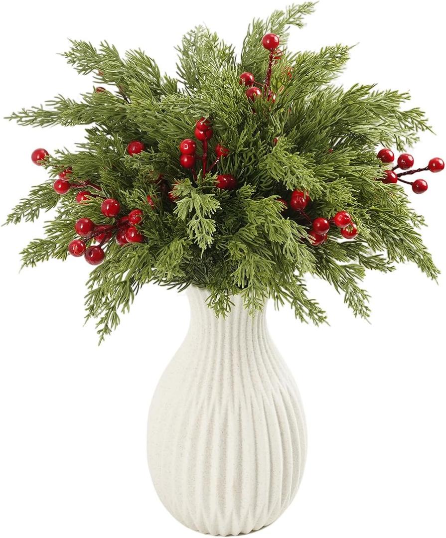 15 Pcs Christmas Artificial Pine Branches with Red Berry Stems, 18" Faux Evergreen Pine Cedar Stems, Fake Green Foliage Pine Needles Picks for DIY Craft Xmas Home Decor(15, Cypress & Berries)