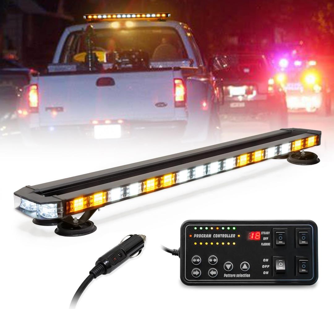 LUMENIX 38 Inch Rooftop Strobe Emergency Lights Bar Magnetic Mount Warning Flashing LED Traffic Lightbar w/Alley& Take Down Light, for Construction Vehicles Work Tow Trucks Snow Plows - White Amber