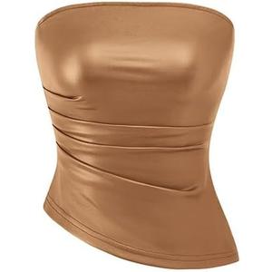 PRETTYGARDEN Women's Faux Leather Tube Tops 2025 Summer Strapless Asymmetrical Ruched Bandeau Shirts Going Out Club Outfits (Light Brown), S