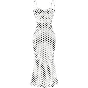 Milumia Women's Polka Dots Frill Trim Cami Dress Elegant Ruched Bust Fishtail Maxi Dresses (Medium, White)