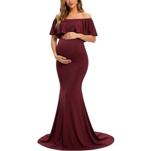 Glampunch Womens Off Shoulder Maternity Dress Ruffles Elegant Slim Gowns Fit Maxi Photography Dress (M)