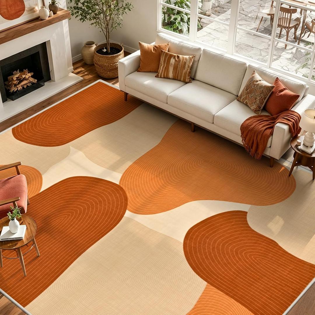Yinhua Living Room Rug 8x10 Abstract Rug, Washable Modern Rugs Non Slip, Soft Area Rugs Low Pile, Faux Wool Orange Carpet for Living Room, Bedroom, Dining Room, Orange