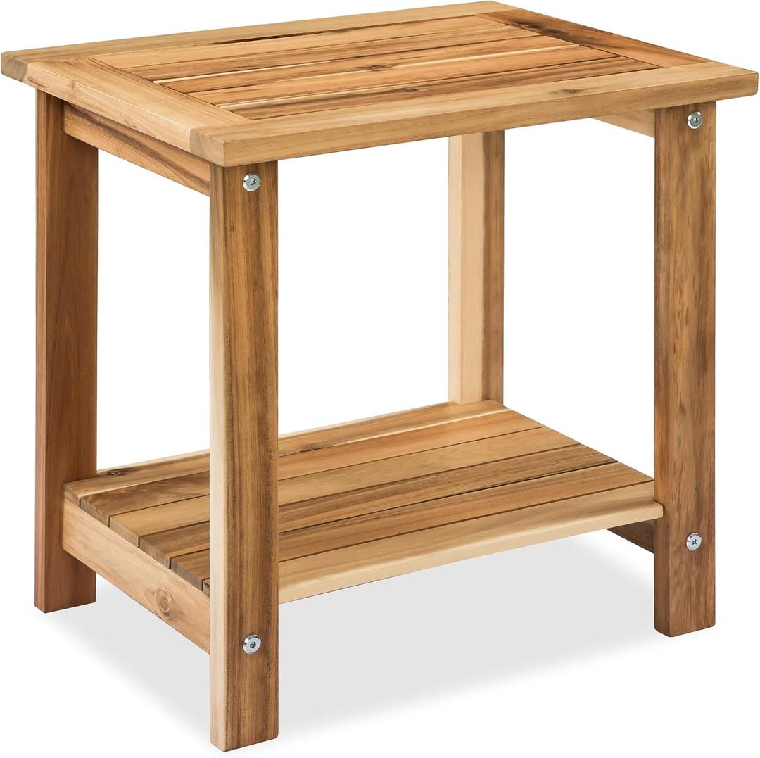 VICTORY RELAX Solid Acacia Wood Side Table with 2-Tier Storage, Weather-Resistant Outdoor Indoor End Table, Light Natural Rustic Color Night Stand