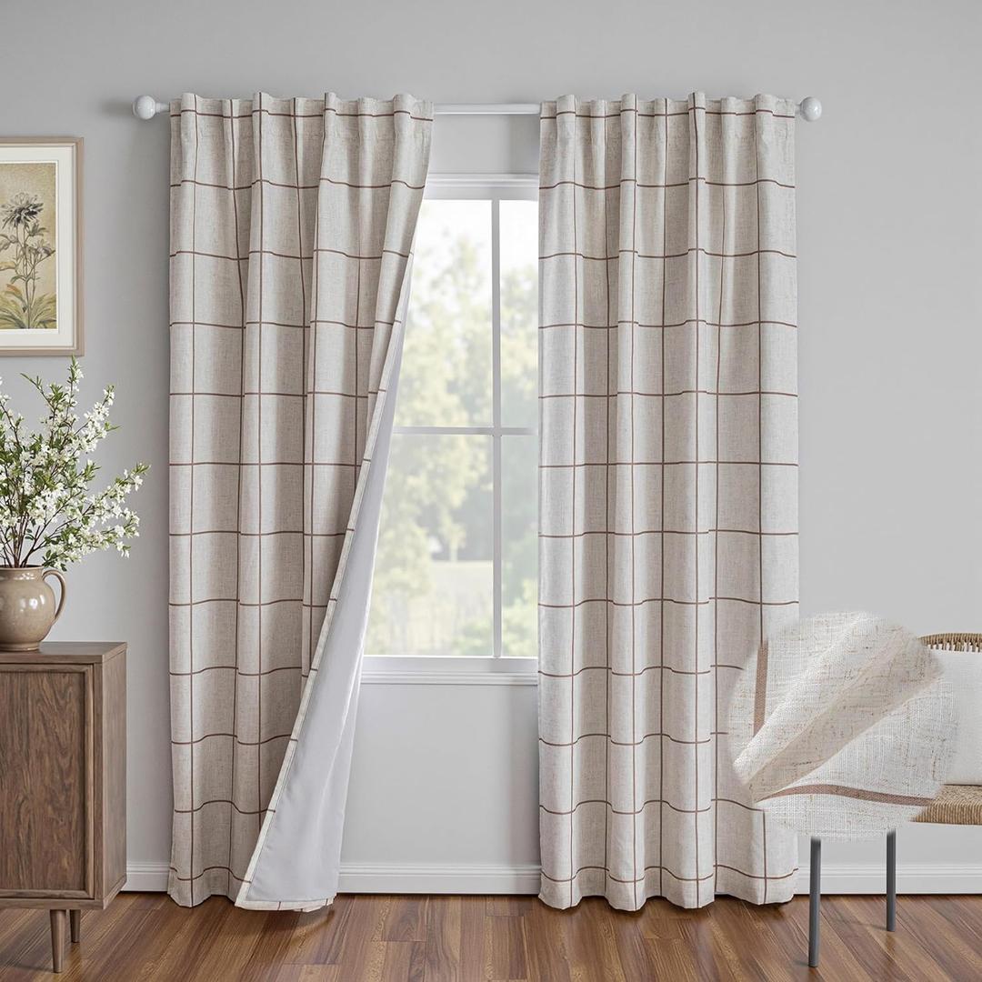 Mysky Home  100% Blackout Brown Plaid Linen Curtains 90 Inches Long Double Layer Farmhouse Thermal Insulated Checkered Patterned Drapes Rod Pocket Back Tab for Living Room Dining Room, 2 Pcs, W52
