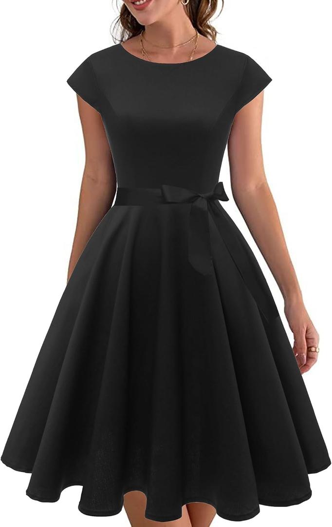 PUKAVT Women's 1950 Boatneck Cap Sleeve Vintage Swing Cocktail Party Dress with Pockets (Medium, Black)