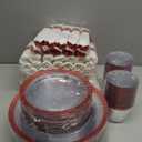 I00000 350 Pcs Clear and Red Plastic Plates,Clear Disposable Dinnerware Set, Include 50 Dinner Plates, 50 Dessert Plates,50 Red Rim Cups,50 Per Rolled Napkins with Plastic Cutlery for Wedding Party