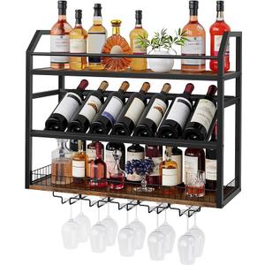 Hoctieon Wall Mount Wine Rack, Wall Mounted Wine Bottle Rack for Display and Storage, Hanging Bottle Holder, for Living Room, Dining Room,Bar, Wine Cellar, Rustic Brown