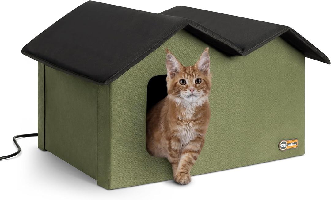 K&H Pet Products Extra-Wide Heated Outdoor Cat House for Outside Pets in Winter, Weatherproof Outdoor House for Ferals, Insulated Shelter, 2 Doors, Waterproof Heated Cat Bed, Safety Listed - Olive