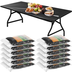 Boao 12 Pcs Plastic Table Cloths Disposable for Parties Picnic Table Covers with Elastic Fitted Elastic Desk Cover Rectangle Waterproof for Indoor, Outdoor, Picnic, Camping(8 Ft, 96 x 30 Inch,Black)