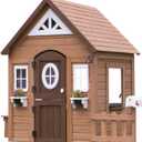Backyard Discovery Aspen Cedar Wooden Kids Playhouse Cottage with Play Kitchen, Snack Bar, Picnic Bench, Dinner Bell, Mailbox, Dutch Door, Flowerpot Holders, Toy Lights, Country Style for Outdoor Play