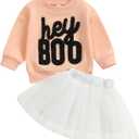 Kuriozud Toddler Baby Girl Halloween Outfits 6 9 12 18 24Month 2t 3t 4t Sweatshirt Top+Tutu Tulle Skirt Set Halloween Cothes (Hey Boo Pink White)