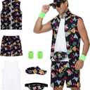 80s Outfit for Men, Neon Retro Workout Costume Set with Accessories (Size: Small, Black)