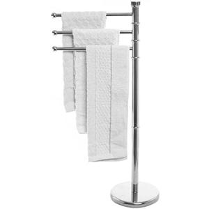MyGift 38 Inch Silver Metal Freestanding Towel Rack for Bathroom, Bath Towel Stand with 3 Swivel Arms and Sturdy Round Base, Standing Towel Rack, Hand Towel Holder