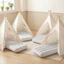 Wilwolfer 4 Pack Kids Teepee Tent with Inflatable Airbeds - Play Tent with Star Lights, Colorful Flags  Foldable Toddler Sleepover Party Supplies Gifts(White)