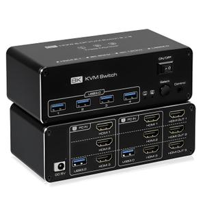 4K@120Hz HDMI KVM Switch 3 Monitors 2 Computer, 8K@60Hz Dual Mode KVM Switcher Displayport with 4 USB 3.0 Ports & Wired Remote Control for Sharing Keyboard Mouse Hard Drives Printer, Plug and Play