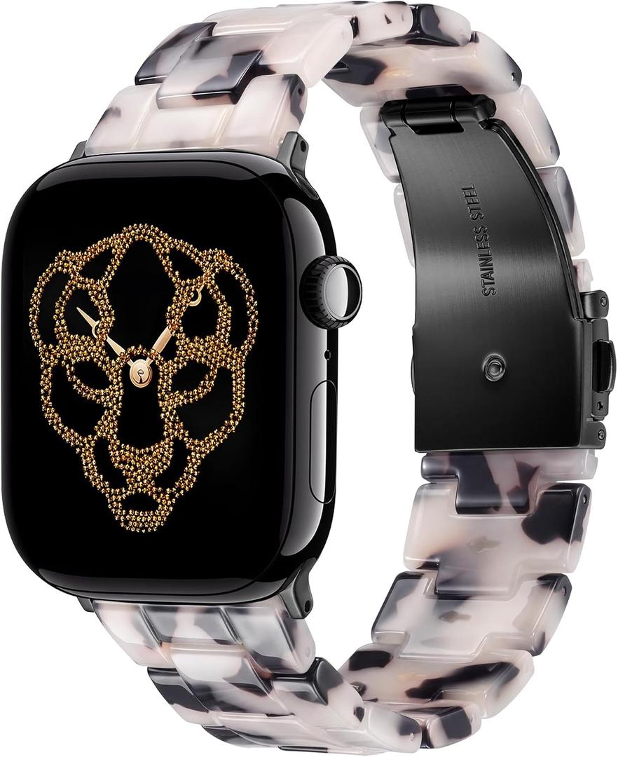 V.R.HOPE Resin Band Compatible with Apple Watch Band for Women 44mm 42mm 45mm 46mm 49mm Tortoise Fashion Lightweight Bracelet Strap for iWatch Series Ultra3/11/10/9/8/7/6/5/4/3/2/1/SE3 (Black Floral)