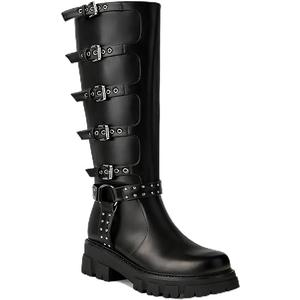 AlureAbys Women's Knee High Boots Riding Buckle Boots Chunky Heel Fashion Biker Motorcycle Boots Round Toe Platform Zipper Black Comfy Tall Boots for Women Moto Booties Rivets, Black Size 37