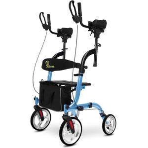 WINLOVE Upright Rollator Walker- Walkers for Seniors Tall Stand up Rolling Mobility aids with ArmrestPadded Seat, Backrest and Shopping Bag Blue