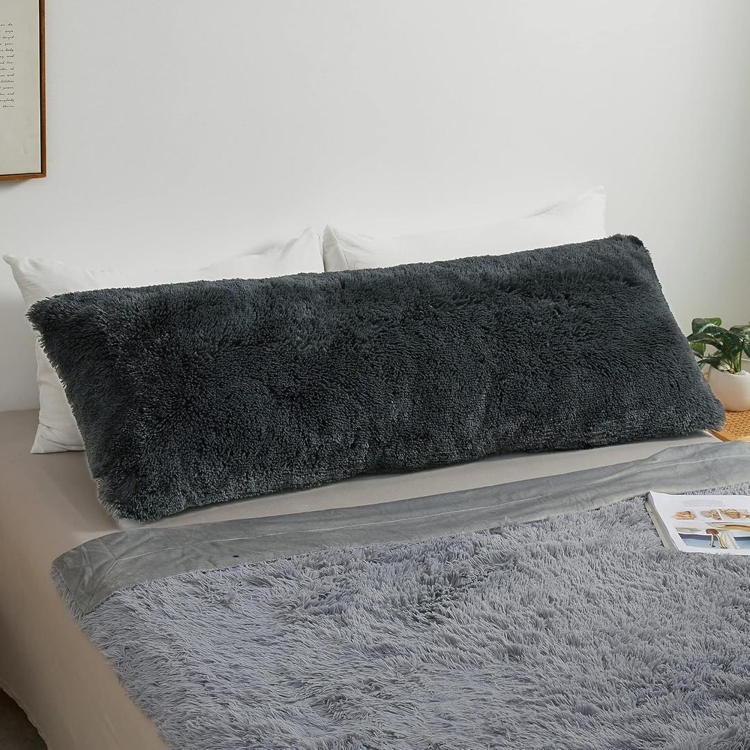 MEGO Shaggy Plush Body Pillow Cover, Grey Faux Fur Fluffy Body Pillowcase, 20x54 Boho Fuzzy Body Pillow Case, Furry Long Big Throw Pillow Sham with Zipper for Home Bedding Couch Living Room Dark Gray
