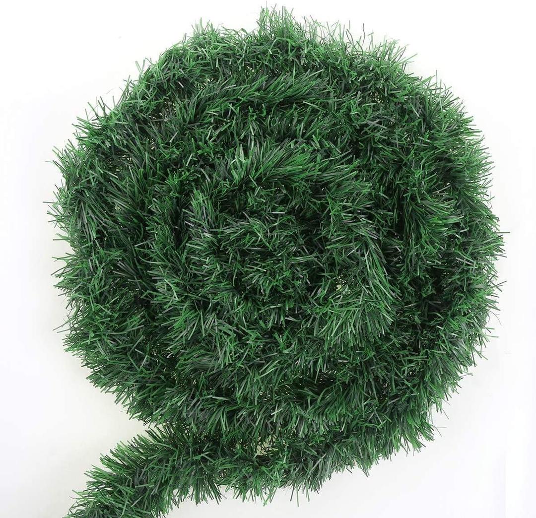 50 Feet Green Tinsel Garland Artificial Christmas Pine Decorative Greenery Tinsel Stems Non-Lit Soft Twist Garland 12 Inch x 2Inch for Holiday Season Outdoor Indoor Party Decorations