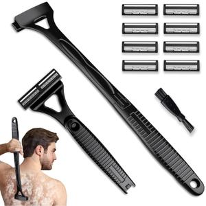 Back Shaver for Men & Women(DIY), Body Hair Trimmer with Foldable Extra Long Ergonomic Handle, Wet Dry Shaving & Safety Razor Technology with 8 Pcs Ultra Sharp Replaceable Blades