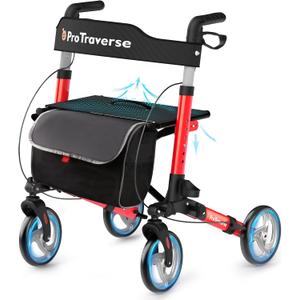 Foldable Rollator Walker with Seat, Standard Height Lightweight Rollator with Large Wheels, Folding Rolling Walker for Seniors, Walker Rollator with Seat, Red