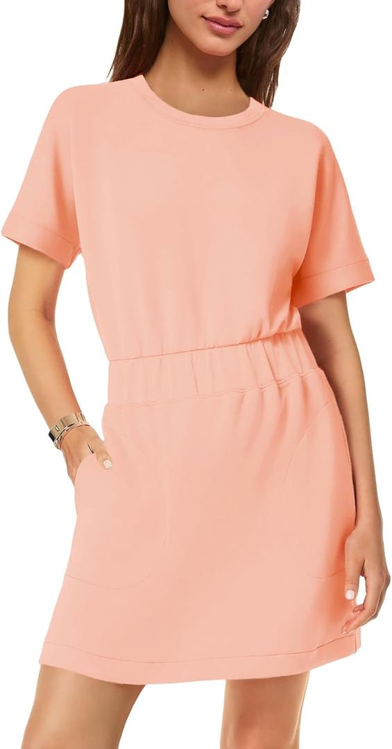 SENSERISE Womens Short Sleeve T Shirt Dresses Crew Neck Solid Color Basic Smocked Waist Dress with Pockets (Pink, L)