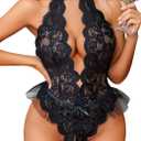 Avidlove Lingerie for Women Halter Lace Bodysuit Deep V Teddy Babydoll Sleepwear (X-Large, Black)