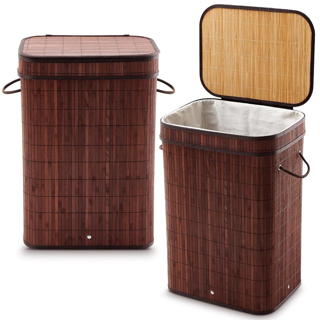 2 Pack 21 Gallon Bamboo Slim Trash Can with Lid Large Foldable Slim Rectangular Garbage Can Bamboo Waste Basket for Bathroom Bedroom Office Home Salon Spa (Brown)