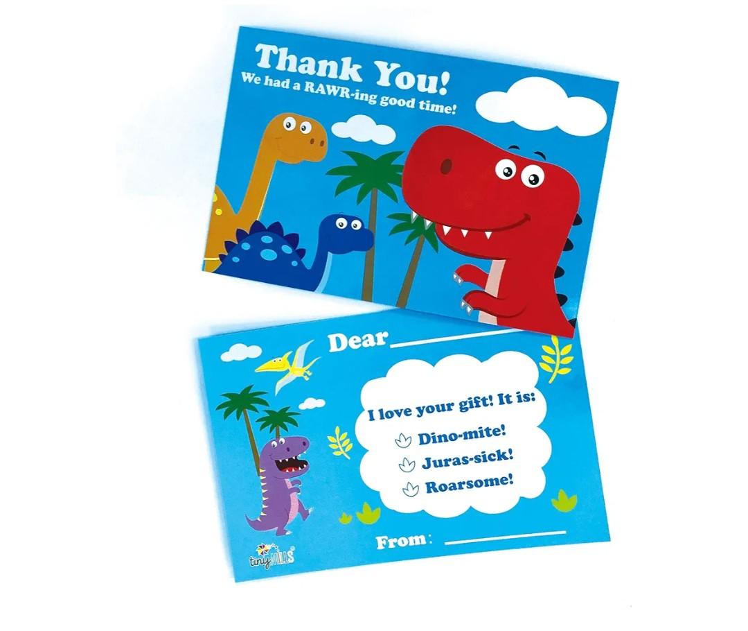 TINYMILLS Dinosaur Birthday Fill In The Blanks Thank You Cards with Envelopes Set (Pack of 20) Premium Double Sided Cardstock Notes Birthday Thank You Cards