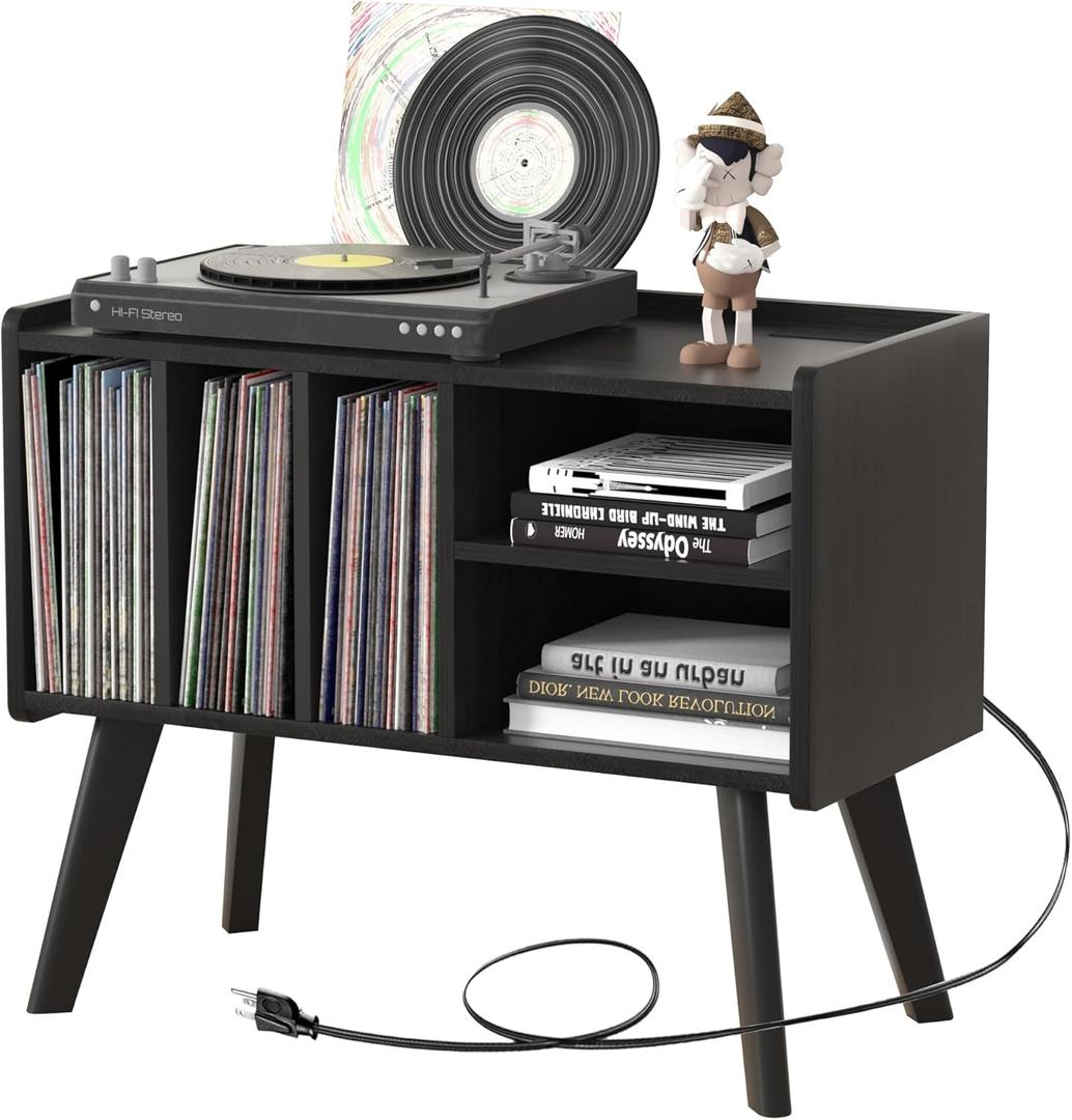 Forevich Record Player Stand Table with Vinyl Storage Holder Large Turntable Record Stand with Power Outlet Holds Up to 220 Albums Display Shelf Cabinet with Wood Legs for Living Room Black