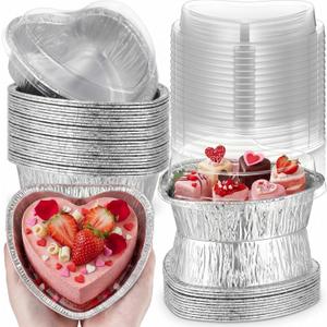 Hushee 36 Pcs 12 oz Valentine's Day Heart Shaped Cake Pan with Lid 5.5 Inch Aluminum Foil Disposable Cupcake Baking Pan Heart Food Packing Muffin Tin Liner Pudding Cooking Cup for Mother's Day