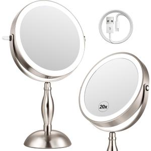 20x Magnifying Mirror with Light, 5000mAh Lighted Makeup Mirror with 3 Color Modes and Adjustable Brightness, Side Charging Port & SideTouch Sensor, 360 Rotation -Brushed Nickel