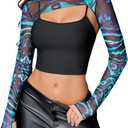 Avidlove Women Sexy Long Sleeve Mesh Crop Top Solid Cover Up with Spaghetti Strap Cami Top 2 Pieces Clubwear with Thumb Holes (L)