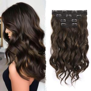 Dark Brown Hair Extensions - 14 Inch Wavy Synthetic Clip in Hair Extensions For Women And Girls (Color: Dark Brown with Light Brown Highlights)