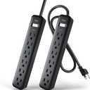 KMC 6-Outlet Power Strip, 2-Pack, 2-Foot Short Extension Cord with Multiple Outlets, 6 AC Power Outlet Power Bar, 2pk Power Strips, Black