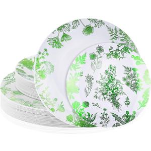 Kochorie 36 Pieces White & Green Floral Disposable Plastic Plates, 10.25" and 7.5" Dinner and Dessert Plates Serving Dish Tray Heavy Duty Party Tableware Supplies for Weddings Birthdays