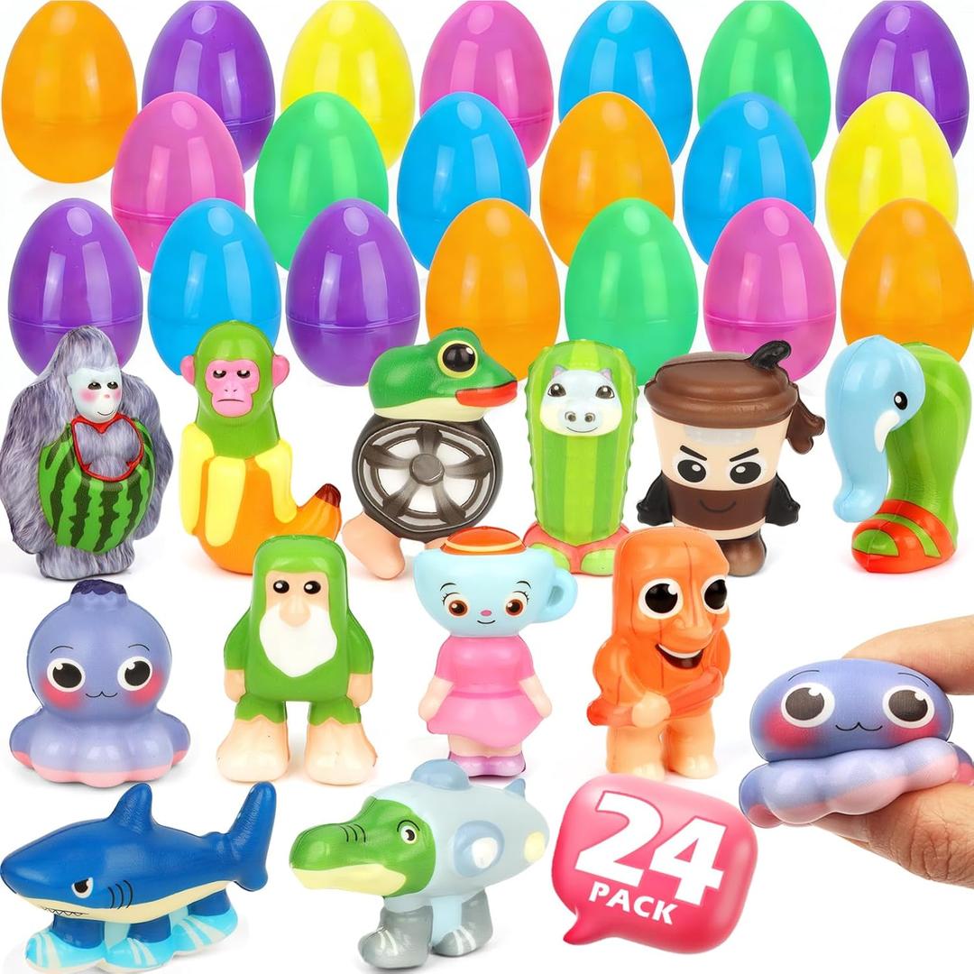 24 Pack Easter Egg Fillers with Squishy Toys, Easter Eggs Filled Squishy Toys, Easter Basket Stuffers, Classroom Prizes for Easter Egg Hunts, Party Favors, Kids (Green)