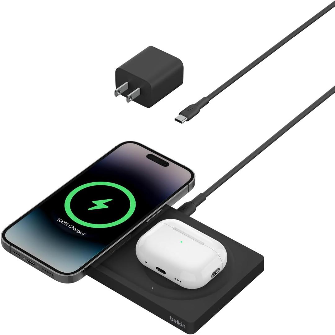 Belkin 2-in-1 Wireless Charging Pad with MagSafe 15W, Fast Charging iPhone Charger - Wireless Charging Station for iPhone 16, 15, 14, and 13 Series, AirPods, and Other MagSafe Enabled Devices - Black