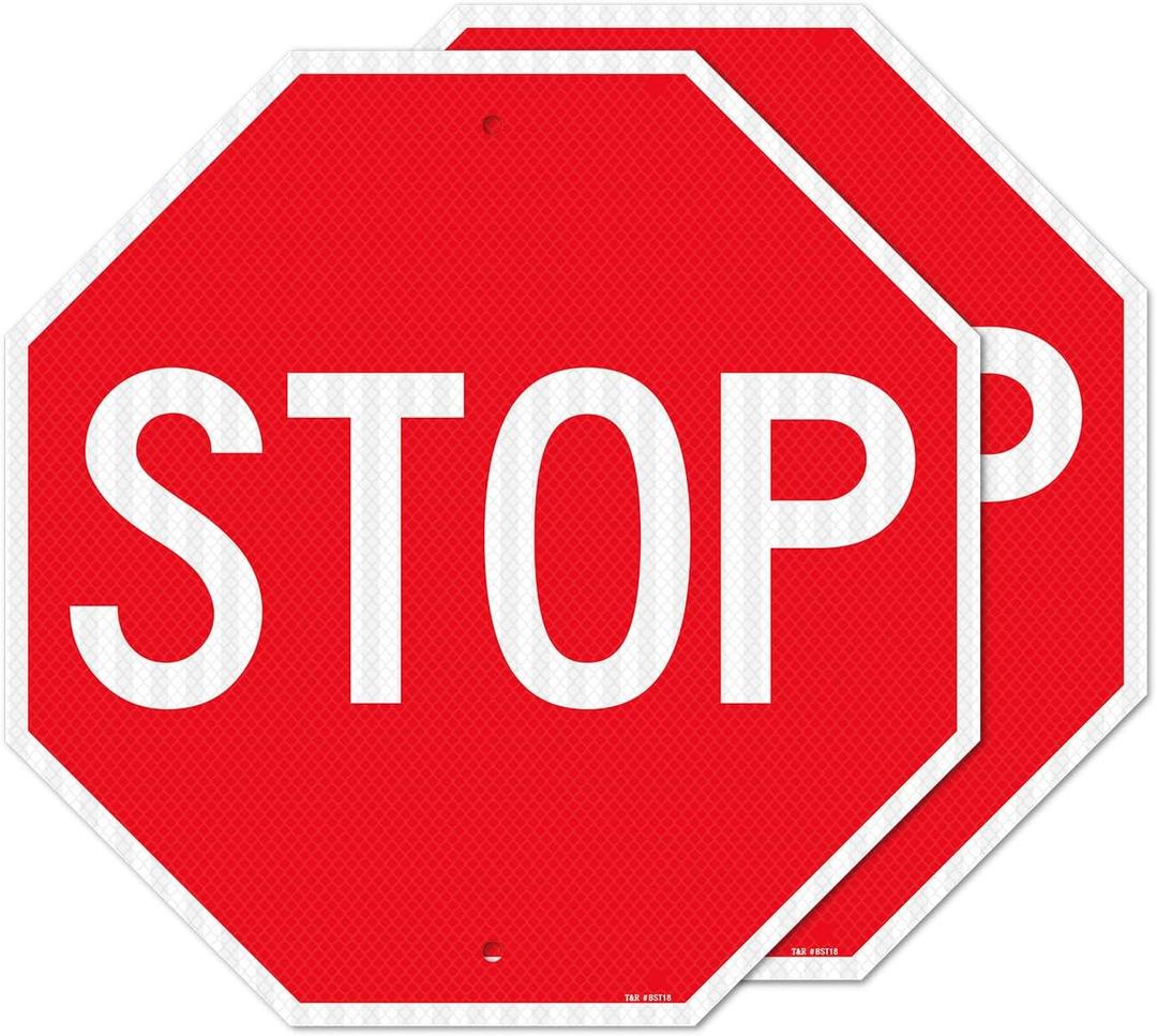T&R (2 Pack) Large Stop Sign Street Road Sign 18 x 18 Inches. Engineer Grade Reflective Sheeting, Rust Free Aluminum, Weather Resistant, Waterproof, Fade Resistant, 2 Pre-drilled Holes